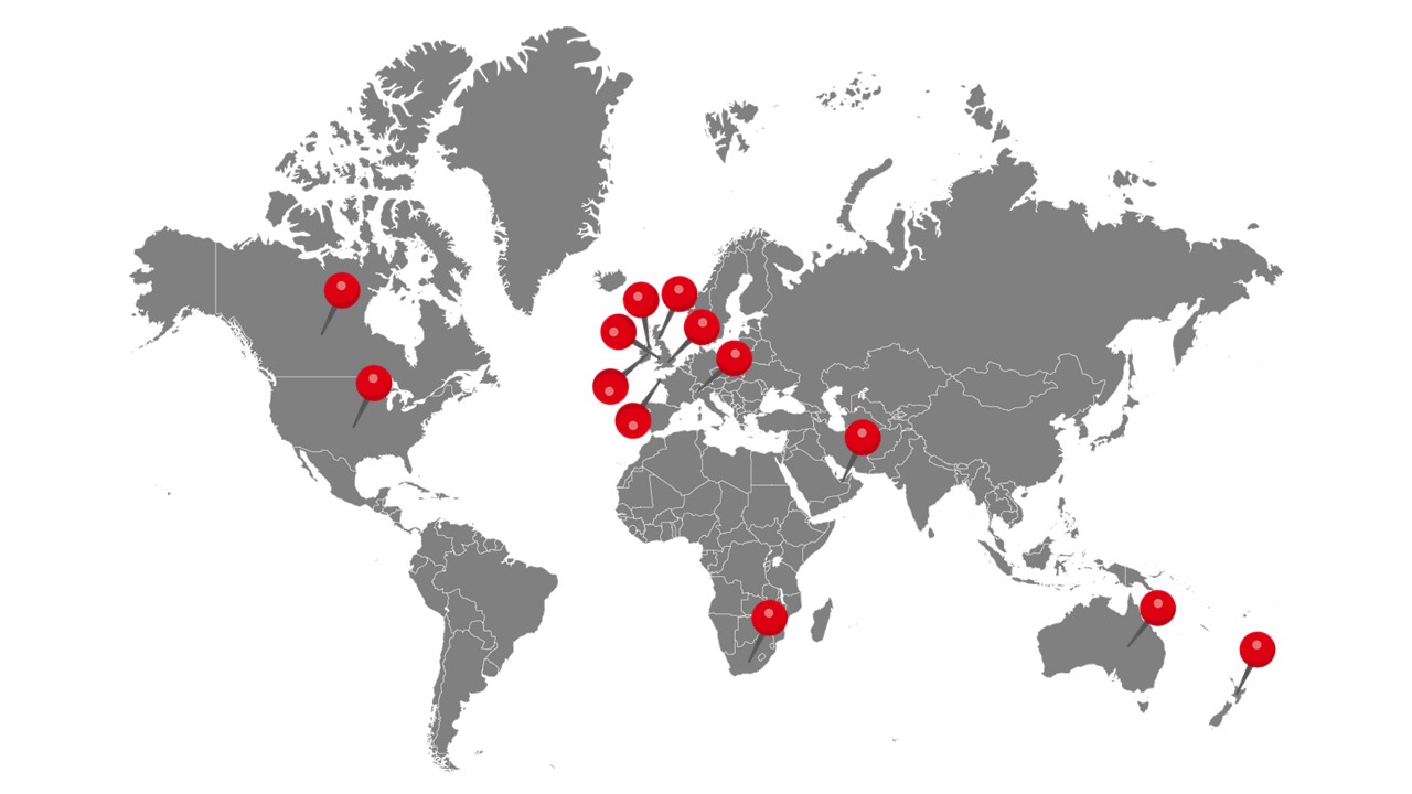 Map of pins on the world showing where Warren McWilliams Scripts have been performed